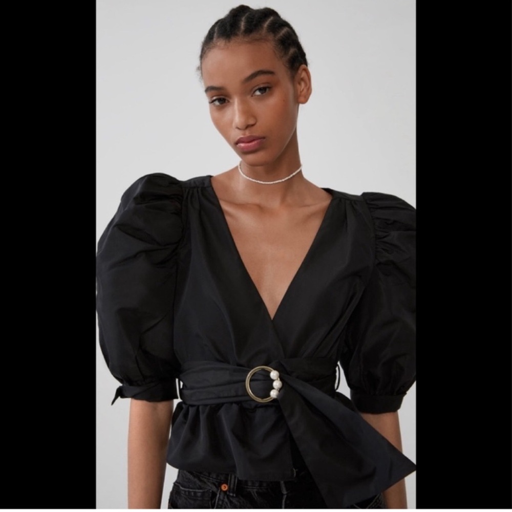Zara Black Puff Sleeve Wrap Top with Pearl-Accent Belt